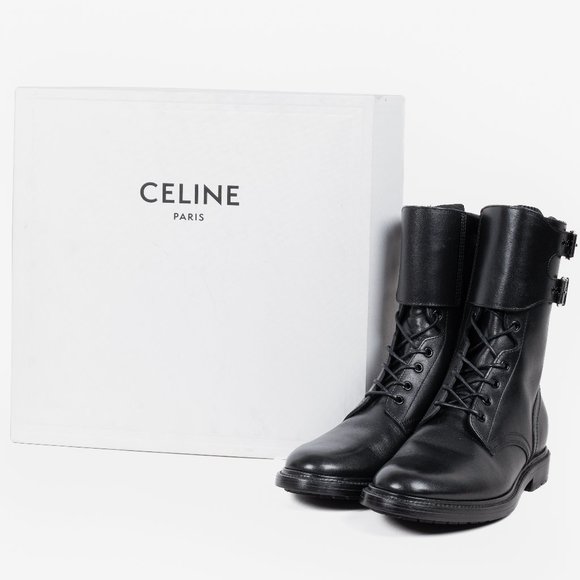 Celine Black Calf Leather Combat Boots with Buckles - Picture 1 of 13